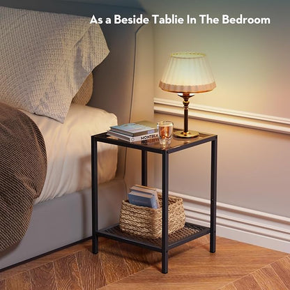 SAYGOER Small Side Table Glass End Table with Mesh Storage Shelf for Small Spaces Modern, 13.4" x11.8" x19.7", 2-Tier Square Bed Nightstand Couch Table for Living Room Bedroom, Gray