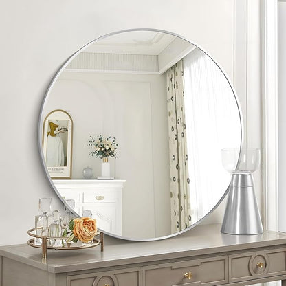 Silver Round Mirror, 39 Inch Wall Mounted Round Mirror, Aluminum Alloy Metal Frame Wall Mirror, Round Bathroom Mirror, Round Mirror for Bathroom, Entryway, Living Room, Large Mirror for Over Sink
