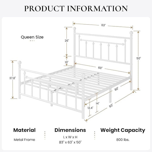 SHA CERLIN 14'' Queen Size Metal Platform Bed Frame/Victorian Headboard and Footboard/Steel Slats Mattress Foundation for Storage/No Box Spring Needed/Noise Free/White
