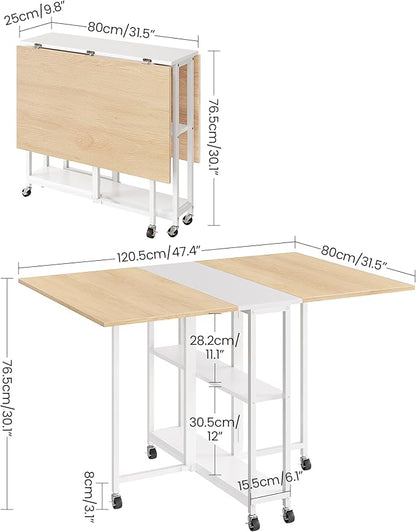 Folding Dining Table, Movable Dining Table, Kitchen Table for Small Space, Foldable and Expandable Desk Furniture with 6 Wheels, for Dining, Living Room, Apartment, White and Natural TCZ01WN