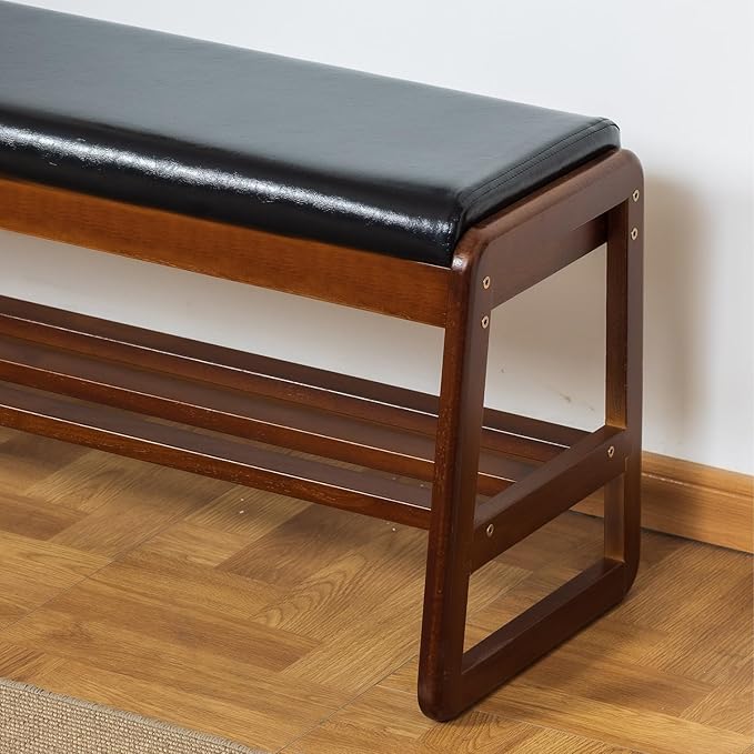Solid Wood Shoe Bench, 2-Tier Entryway Bench with Cushion and Flip-Open Storage Box, Mid-Century Modern Shoe Bench Rack for Hallway, Mudroom(Black, 39.4'')