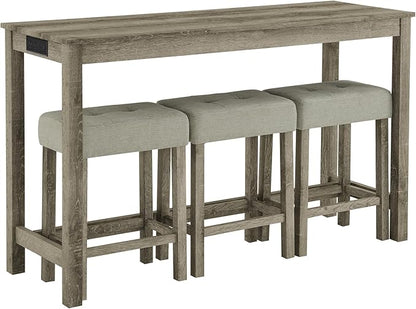 Ball & Cast 4 Piece Kitchen Dining Room Table and Chairs Set, Farmhouse Wooden Counter Height Bar-Sets w/USB Ports & Power Outlet & 3pcs Stools, 59" Sofa-Table Barstool w/Charging Station, Brown