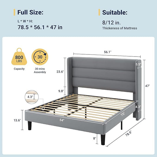 Allewie Full Size Platform Bed Frame with Velvet Upholstered Wingback Headboard, No Box Spring Needed, Under Bed Storage Space, Strong Wooden Slats, Modern Mattress Foundation, Easy Assembly, Grey