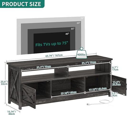 YITAHOME Farmhouse TV Stand for 65/75 Inch TV LED Entertainment Center Television Stand with Power Outlets and Open Shelf, Media Console TV Cabinet for Living Room, Dark Grey