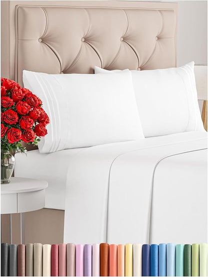 Cal King Size 4 Piece Sheet Set - Comfy Breathable & Cooling Bed Sheets Set - Hotel Luxury Bedding for Women, Men, Kids, Teens, Boys & Girls - Deep Pockets, Ultra-Soft, Wrinkle Free - Oeko-Tex - White