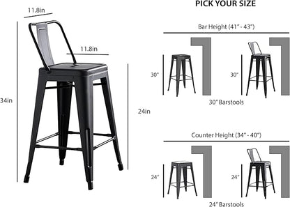 AC Pacific 24” Metal Barstool Set of 4 – Country Rustic Style with Low Back, Lightweight & Sturdy Build, Easy Assembly – Matte Black