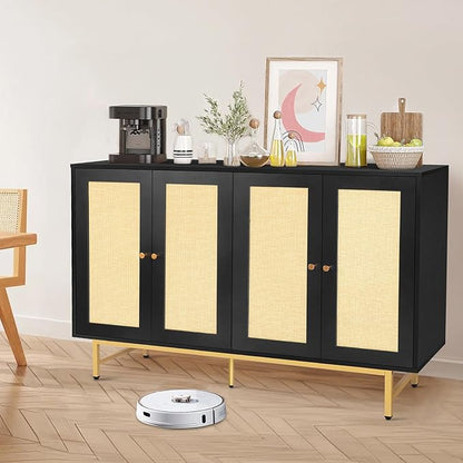 Sideboard Buffets Cabinet with 4 Rattan Doors, Large Storage Accent Cabinet Credenzas Modern Console Table for Living Room, Kitchen (Black)
