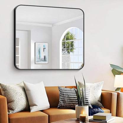 Bathroom Mirror, 48 x 40 inch Black Rectangle Wall Mirror, Metal Frame Rectangular Vanity Mirror, Rounded Corner Wall Mounted Mirror for Modern Bedroom Living Room Hangs Horizontal/Vertical