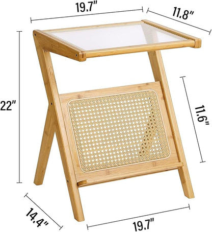 Tiita Rattan Side Table, Mid Century Nightstand, Bamboo Accent Bedside Tables, Glass Coffee Tables, Boho Wooden End Table with Storage for Small Space, Living Room and Bedroom