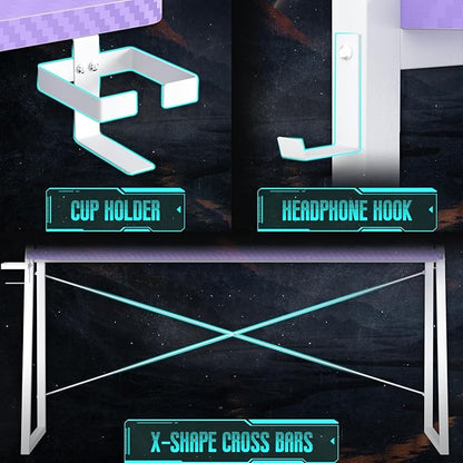 Gaming Desk with Hutch and LED Lights, Gaming Computer Desk with Power Outlets, Gamer Desk with Storage Shelves, PC Gamings Desk with Pegboards for Bedroom, Carbon Fiber Purple, 49"