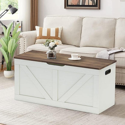 39.4" Storage Chest, Wooden Storage Bench, Large Storage Trunk with 2 Safety Hinges, Entryway Shoes Bench for Living Room, Bedroom, Brown and Rustic White