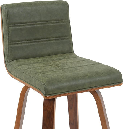 Armen Living Vienna Modern Swivel 26" Counter Height Barstool with Vintage Green Faux Leather and Walnut Wood Finish