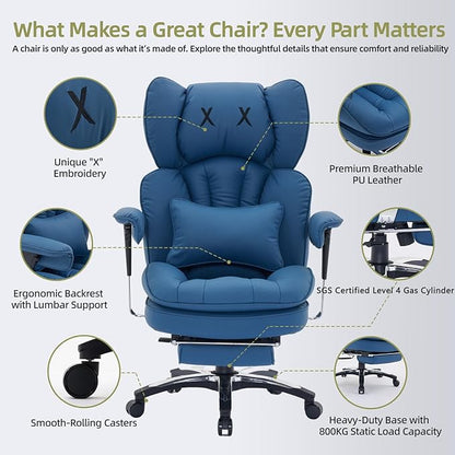 Efomao Big and Tall Office Chair with Footrest – High Back Computer Chair with Adjustable Armrests，Executive Office Chair with Wide Seat, Modern Desk Chair for Home Office, Gaming, or Study, Blue