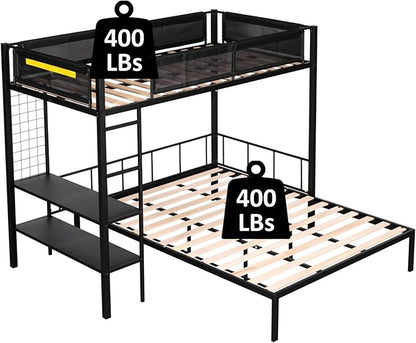 Twin Over Twin Size Bunk Bed with Multiple Storage Shelves & Wardrobe Design,Castle-Shaped Metal Bedframe W/Safety Guardrails & Ladder,for Kids Teens Boys Girls Bedroom