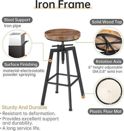 Vintage Adjustable Bar Stools Set of 2, Height Ranges from 24.8 to 30.8 inch, Natural Wood Seat and Heavy Metal Frame Rustic Industrial Swivel Bar Stools