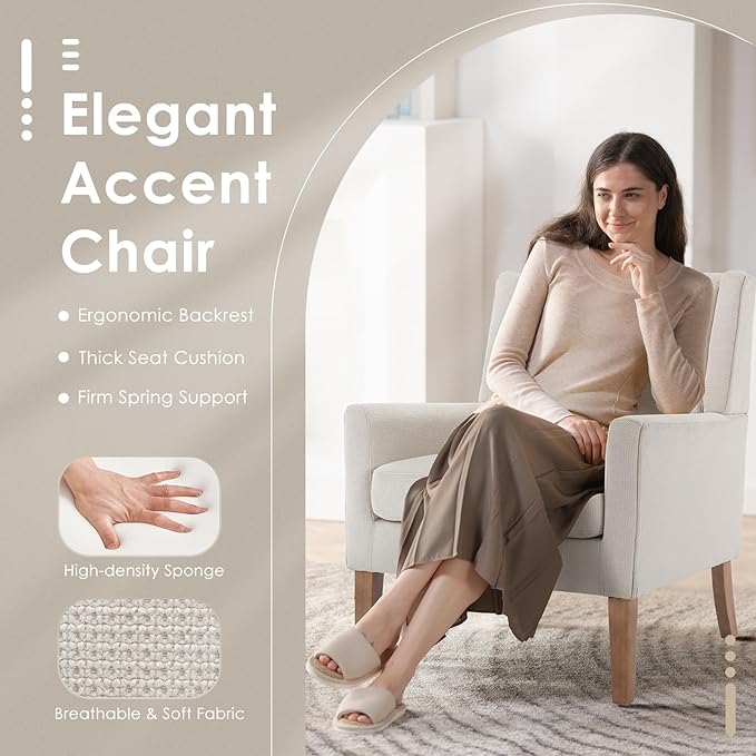 COLAMY Modern Wingback Living Room Chair, Upholstered Fabric Accent Armchair, Single Sofa Chair with Lounge Seat and Wood Legs for Office/Bedroom/Reading Spaces, Beige