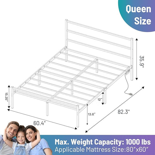 Queen Bed Frame with Headboard,Heavy Duty Steel Slats Support-LED Bed Frame with USB Charging Station,Mattress Foundation-Under Bed Storage,No Box Spring Needed,Noise Free,White