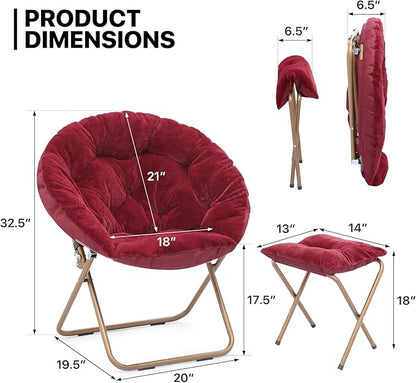 MoNiBloom Round Folding Faux Fur Saucer Chair for Bedroom Living Room Dorm Foldable Metal Frame Oversized Large Comfy Furry Padded Soft Cozy Moon Chair with Footrest Ottoman for Adults (Burgundy)
