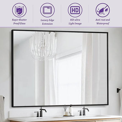 Bathroom Mirror, 55" x 36" Wall Mirror, Rectangular Aluminum Alloy Frame Contemporary Hanging Mirror for Living Room Bathroom, Black Rectangle Corner