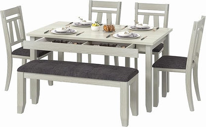 6-Piece Solid Wood Dining Table Set for 6, Modern Breakfast Dinette Kitchen Table with Bench & Chairs for Dining Room, Kitchen, Grey