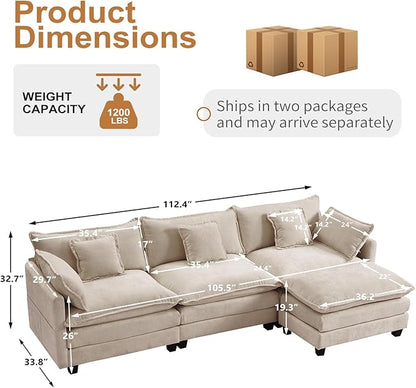 Furniliving 112‘’ L-Shaped Sofa, Luxury Chenille Modular Sectional Couches with Ottoman, Upholstered Deep Seat Sleeper Sofa with Memory Foam and Waist Pillows, Camel