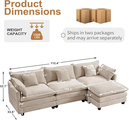 Furniliving 112‘’ L-Shaped Sofa, Luxury Chenille Modular Sectional Couches with Ottoman, Upholstered Deep Seat Sleeper Sofa with Memory Foam and Waist Pillows, Camel