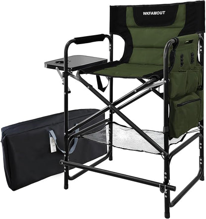 Tall Folding Directors Chair with Side Table 26.77" Seat Height Foldable Camping Chair Bar Stool for Makeup Artist Face Painting with Footrest and Storage Pocket Supports 350LBS