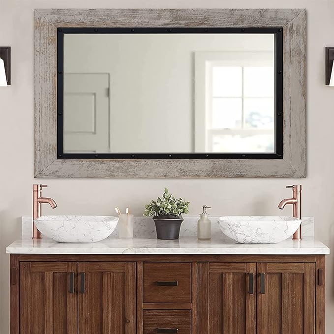 YOSHOOT Rustic Wooden Framed Wall Mirror, 32"x24", Natural Wood and Iron Bathroom Vanity Mirror for Farmhouse Decor, Vertical or Horizontal Hanging