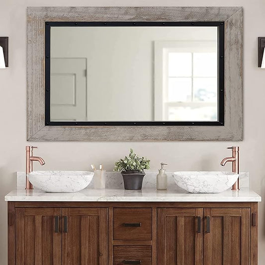 YOSHOOT Rustic Wooden Framed Wall Mirror, 40"x30", Natural Wood and Iron Bathroom Vanity Mirror for Farmhouse Decor, Vertical or Horizontal Hanging