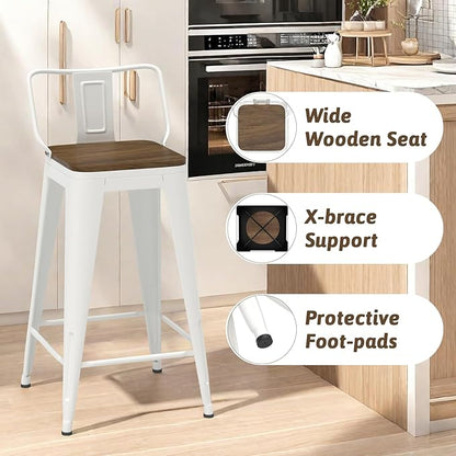 24 Inch Swivel Bar Stools Set of 4, Counter Height Bar Stools with Low Back, Metal Industrial Bar Chairs for Kitchen Island (White)