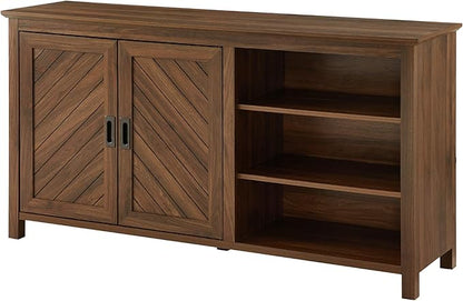 Walker Edison Modern Wood Grooved Buffet Sideboard with Open Storage-Entryway Serving Storage Cabinet Doors-Dining Room Console, 58 Inch, Dark Walnut