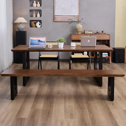Walnut Color Long Bench Solid Wood Top Metal Legs U-Shaped Design Durable Sturdy Dining Bench Ideal for Office Home Restaurant Patio Multiple (Bench, 70.87in)