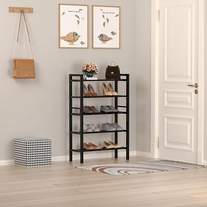 Haddockway Bamboo Shoe Rack for Closet, Free Standing Shoe Organizer with Smooth Round Rods & Convenient Handles, Stackable Shoe Storage Shelf for Entryway, Hallway(Black, 5-Tier(Small))