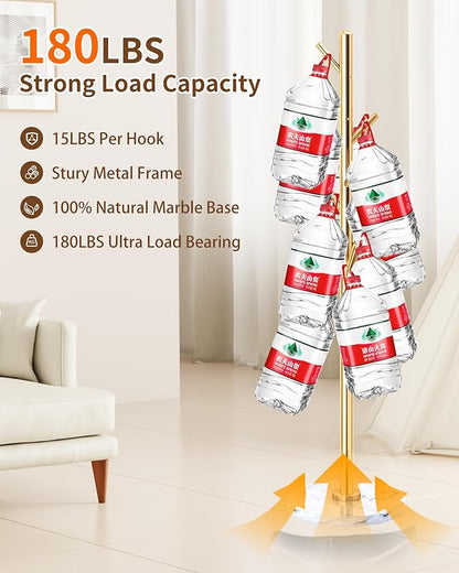 EZIVIEZ Modern Coat Rack Stand, Metal Freestanding Coat Rack with Natural Marble Base, Golden Coat Racks with 8 Hooks and Coat Hanger Tree Jacket Stand for Office, Entryway, Hallway