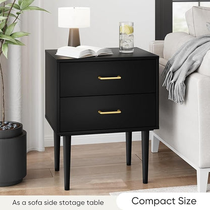 Smart FENDE 26 inch Tall Black Nightstand with 2 Drawers, ModernNight Stand Set of 2, Mid-Century Modern End Table, Wooden Bedside Table with Solid Wood Leg for Bedroom