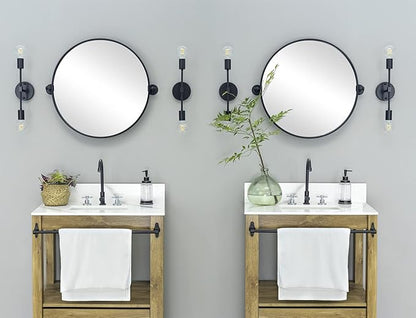 Round Pivot Bathroom Mirror Black Circle Metal Framed Tilting Vanity Mirrors for Wall