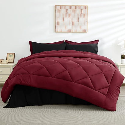 HEVUMYI Red & Black Twin-XL Comforter Set - 5-Piece All Season Bed in a Bag Twin-XL, Ultra Soft Bedding Set with Burgundy Comforter, Flat Sheet, Fitted Sheet, Pillowcases, Pillow Shams