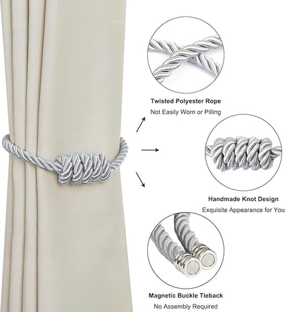 BEL AVENIR Magnetic Curtain Tiebacks, Decorative Drapery Holdbacks Modern Woven Tie-Backs with Exquisite Knot (Sliver, 4 Pack)