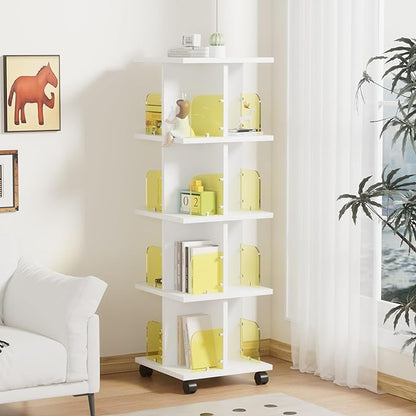 VECELO 4-Tier Rotating Bookshelf on Wheels, Revolving Bookcase Tower, Mobile Book Rack with Acrylic Windows, Narrow Rolling Bookshelves for Small Space, Corner, Bedroom, Office, White