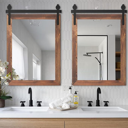 YOSHOOT Farmhouse Barn Door Mirror, 32"x24" Rustic Wood Framed Wall Mirror, Wall Mounted Vintage Mirror, Wooden Farmhouse Style for Bathroom Living Room Entryway, Brown, Vertical Hanging ONLY