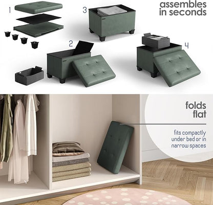STORAGEBUD Storage Ottoman Cube with Small Bin, 16-in Square Ottoman with Storage for Living Room and Bedroom, Small Ottomans Foot Rest, Faux Leather Foot Stools Ottomans Max 330lbs, Green