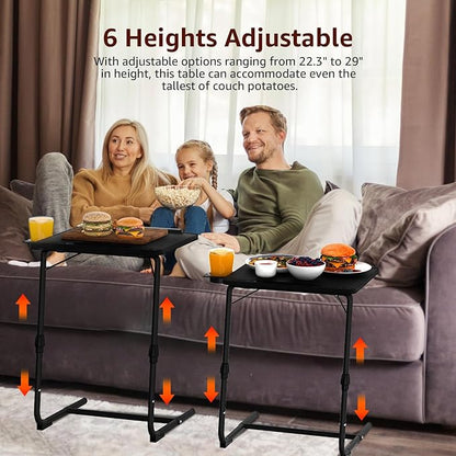 TV Trays Set of 2 - Folding TV Tray Adjustable Dinner Trays for Eating On Couch Wooden Tables Mate Stand Foldable Black Desk with Cup Holder Portable