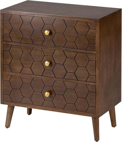 COSIEST Modern End Table w 3 Storage Drawers, Night Stand w Honeycomb Pattern, Small Wood Chest, Accent Cabinet for Bedroom, Living Room