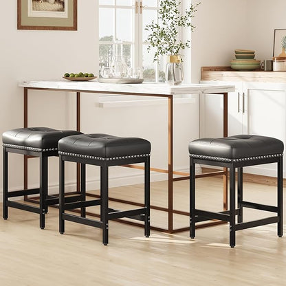 MALOL Set of 3 Saddle Bar Stools Counter Height 24.4”, Black Backless Barstools for Kitchen Island, Modern PU Leather Cushioned Seat, Bar Chairs for Kitchen Counter, Breakfast Bar Stools for Home