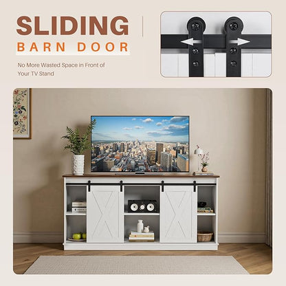 Sweetcrispy Farmhouse TV Stand for Living Room Bedroom White 65 Inch, Tall Entertainment Center with Storage Shelves, Media Console Cabinet with Wood Board, 300 LBS Capacity, and Sliding Barn Door