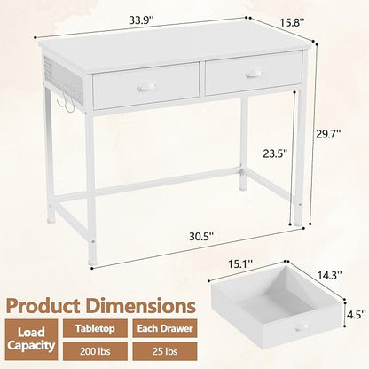 Furologee White Small Computer Desk with 2 Fabric Drawers for Bedroom,34 Inch Simple Home Office Writing Desk, Vanity Desk with Hooks, Study Table for Adults Student Small Spaces