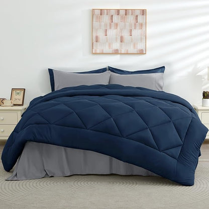 HEVUMYI Twin-XL Comforter Set - 5-Piece All Season Bed in a Bag Twin-XL, Ultra Soft Bedding Set with Comforter, Flat Sheet, Fitted Sheet, Pillowcases, Pillow Shams, Navy Blue & Light Grey