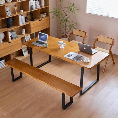 Durable Solid Wood Top Bench with Sturdy Metal Legs – Versatile Dining & Office Seating - Multi-Size Options Ideal for Living Room, Dining Room, and Home Office(Dark yellowbench, 70.87in)