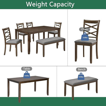soges 6 Piece Kitchen Dining Set, Rectangular Wooden Dining Table with 4 Upholstered Chairs and a Bench, Morden Dining Table Set for 6 People, Living Room, Home Bar and Kitchen, Walnut