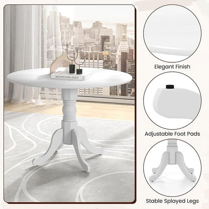 COSTWAY Round Dining Table for 4, 39-inch Wooden Kitchen Table with Solid Rubber Wood Frame, Curved Trestle Legs, Adjustable Foot Pads, Mid Century Rustic Dinning Table for Living Room (White)